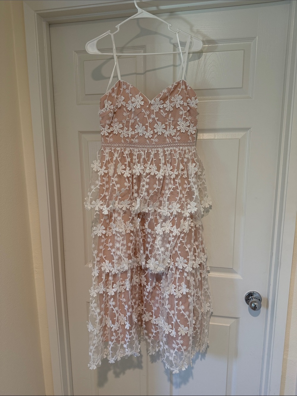 Girls Lace Tiered Party Dress in Blush with White Floral Overlay